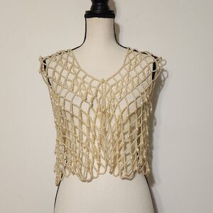 Vintage 80s Faux Pearl Open Work Beaded Vest Flapper Top Glam boho Cottage fairy